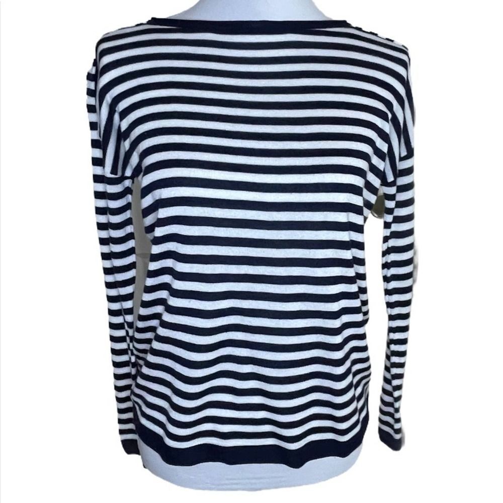Magaschoni Lightweight Nautical Stripe Coastal Pullover Sweater Navy Blue and Wh
